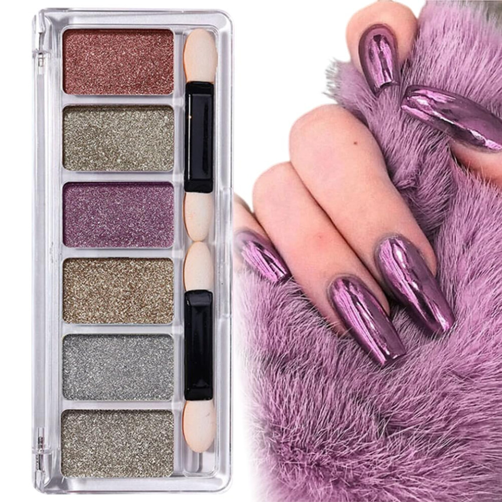 Nail Chrome Powder Set with Vibrant Mirror Effect, 6 Color Palette Aurora Pigment for Gel Polish