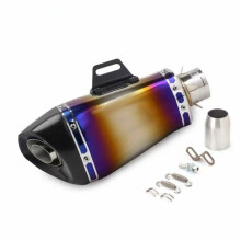 Universal Motorcycle Exhaust Muffler Pipe, Blue HeatTreated Stainless Steel, with Installation Kit