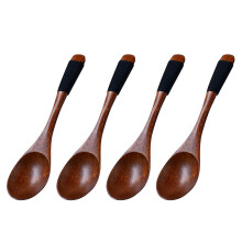 4PCS Oval Head Design Wooden Kids Soup Spoons Natural Wood Rice Serving Tableware Flatware Set with Tied Line on Handle ( )