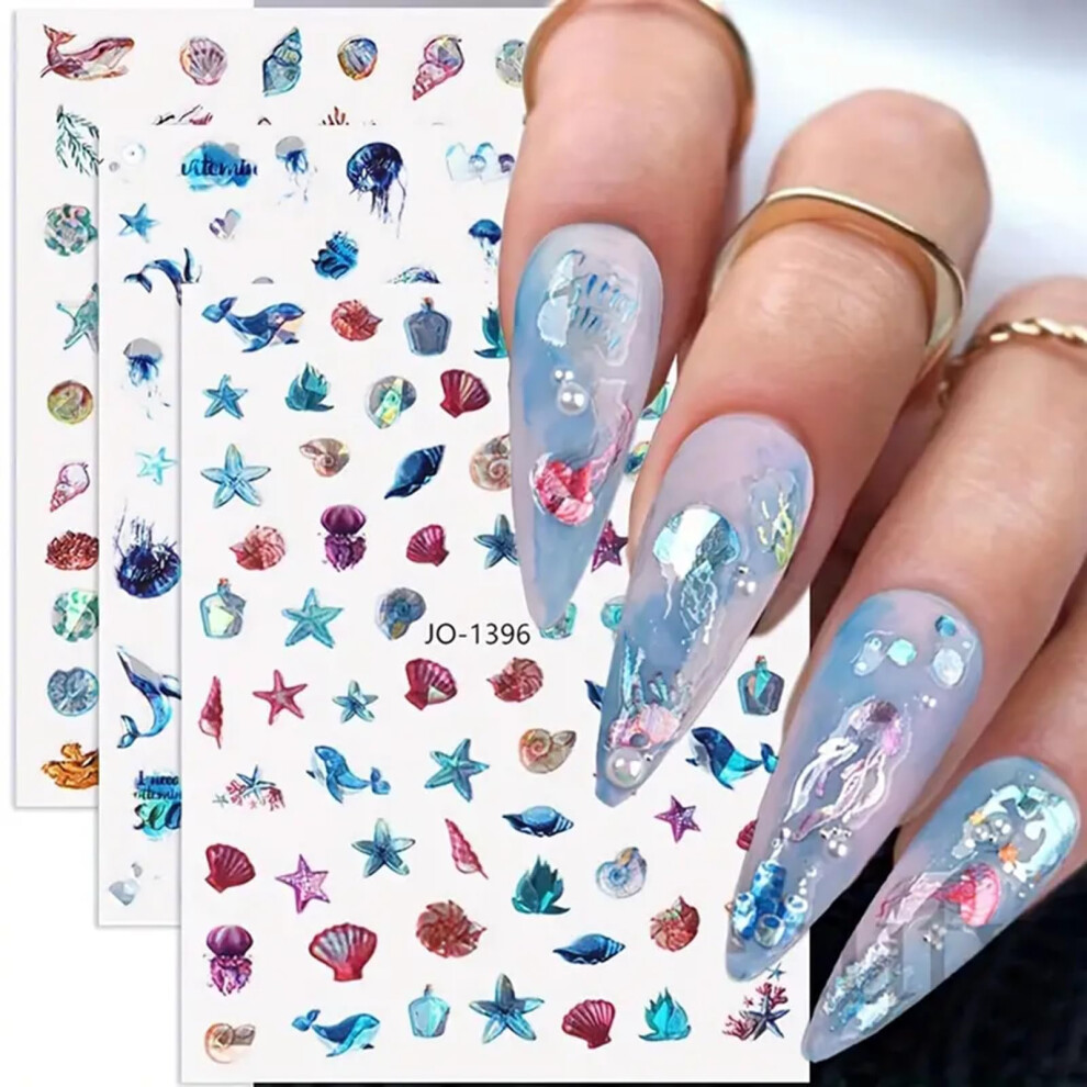 6 Sheets 3D Ocean Nail Art Stickers SelfAdhesive Marine Life Decals Jellyfish Starfish Whale Designs