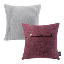 Phantoscope Decorative Throw Pillow Set, Soft Corduroy Striped Velvet & Cotton Blend with Triple Buttons, Light Gray & Wine Red, 18"x18"
