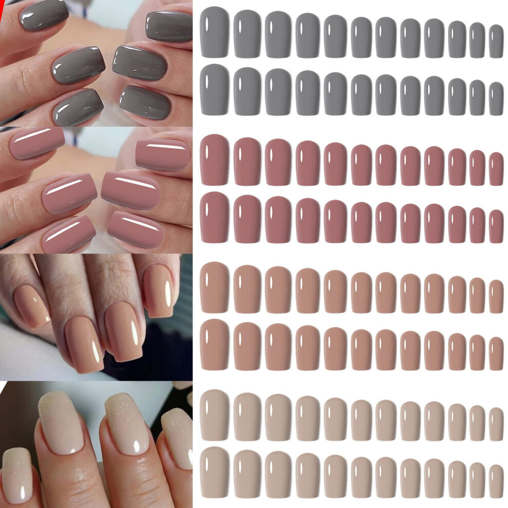 96PCS Short Square Press on Nails Glossy Fake Nails 4 Colors Reusable with Glue 12 Sizes