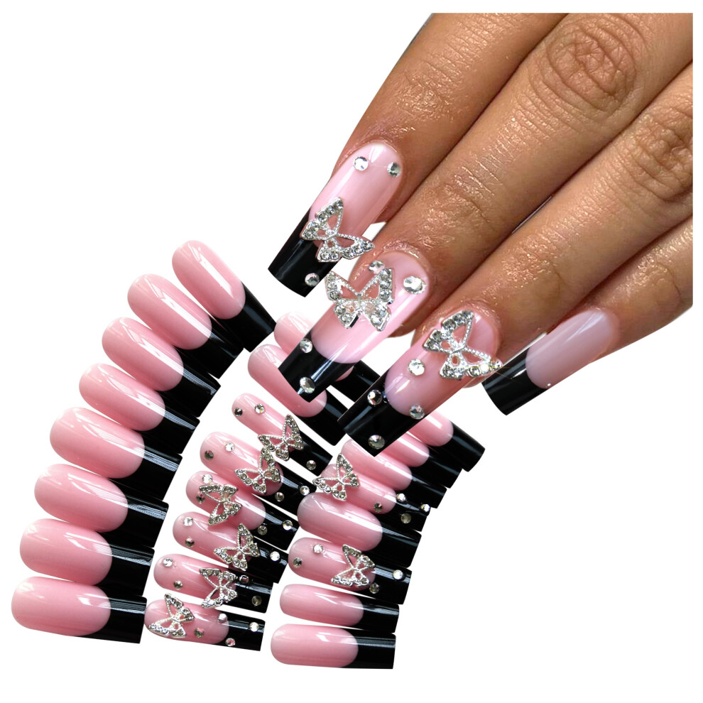 Black French Tip Press On Nails Kit With Gems Coffin Shape Glossy Acrylic Reusable 24Pcs