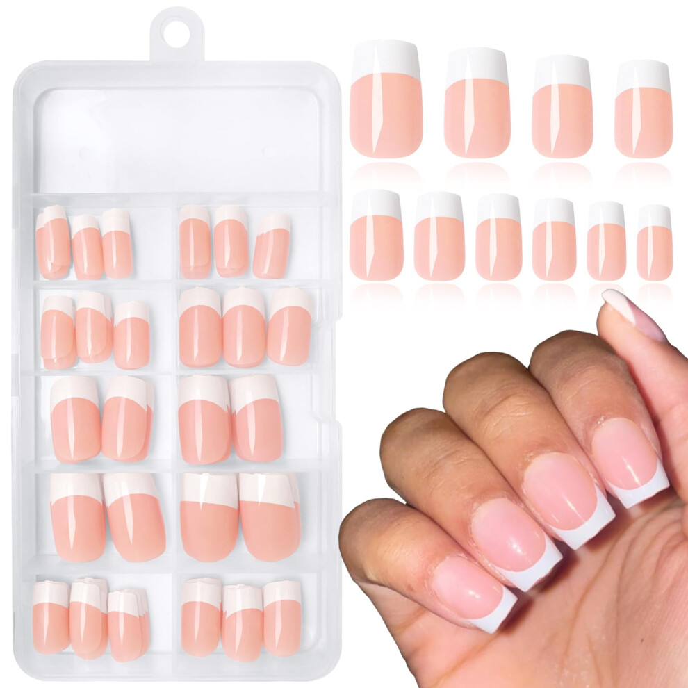 120pcs Short Square French Tip Press On Nails with Glue, Glossy Acrylic False Nails for Women
