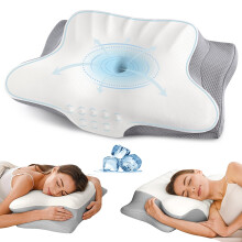 Cervical Neck Pillow for Pain Relief with Ergonomic Contour Memory Foam, Cooling Cover, White and Grey