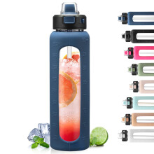 BLUEGO 900ml Glass Water Bottle with Handle and Straw Drinking Hydration Bo