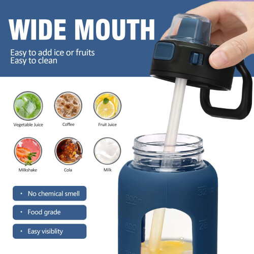 BLUEGO 900ml Glass Water Bottle with Handle and Straw Drinking Hydration Bo 2