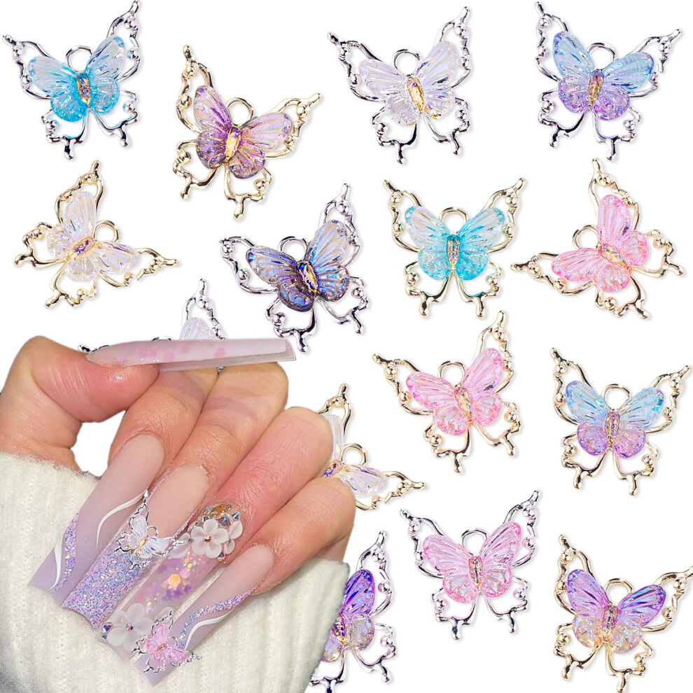 Gold/Silver 15Pcs Mixed Color 3D Butterfly Nail Charms And Rhinestones For Acrylic Nails