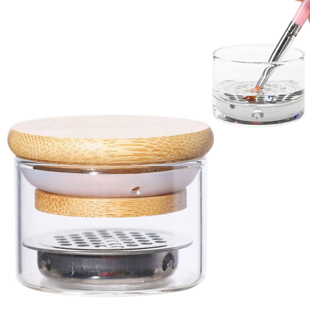 Glass Nail Brush Cleaning Cup with Lid and Stainless Steel Mesh for Salon and Home Manicure
