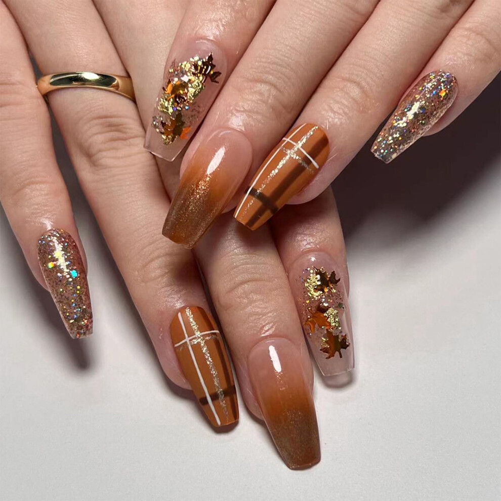 Brown Fall Maple Leaf Coffin Press On Nails Gradient Glitter Full Cover Thanksgiving Set 24Pcs