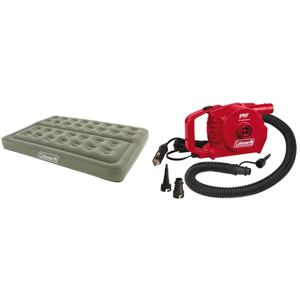 Coleman Comfort Double Flocked Surface Inflatable Camp Air Bed Green 188 X 137 X 22 Cm And 12 Volt Quick Pump Red 205 X 0 X 125 Cm