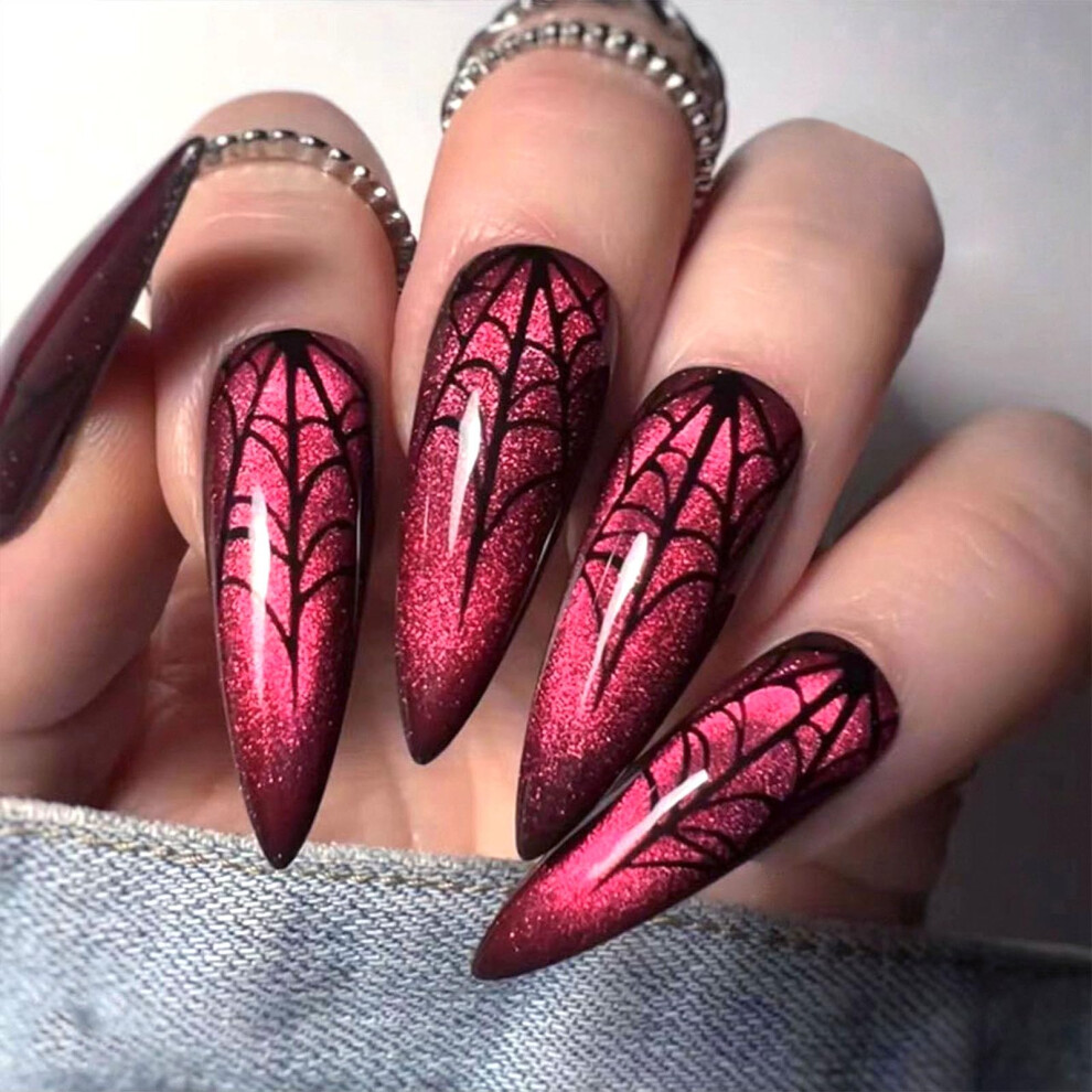 Red Halloween Press On Nails Long Stiletto Cat's Eye With Spider Web Glossy Fake Nails For Women 24Pcs