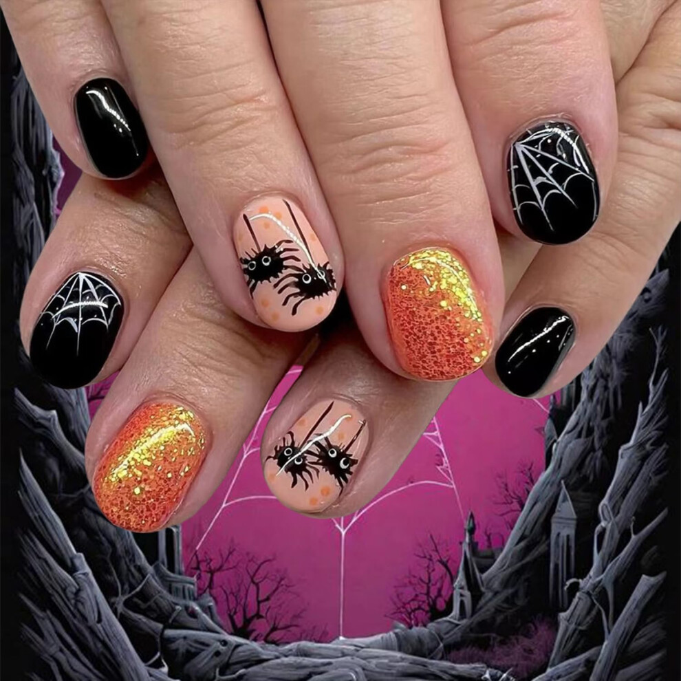 Black Halloween Press On Nails Spider Web Short Square Acrylic False Nails 24Pcs Reusable