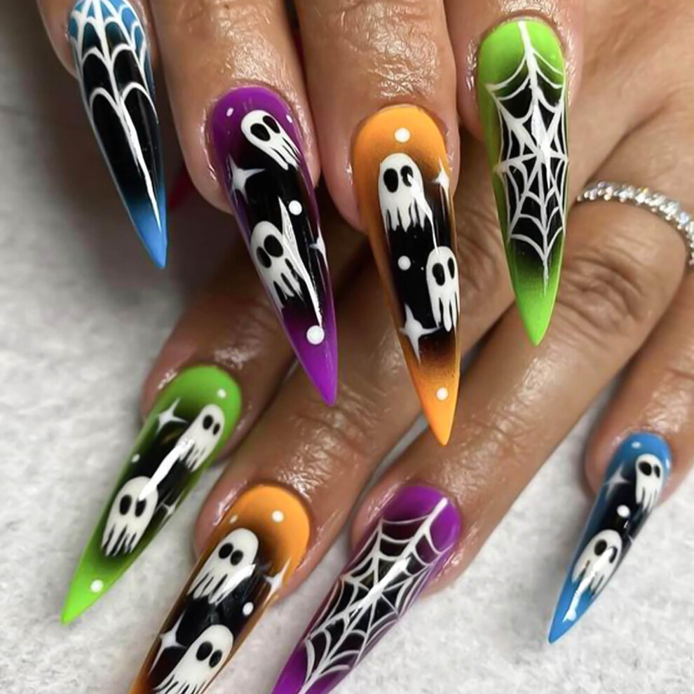 Halloween Press on Nails Almond Shape with Ghost and Spider Web, 24pcs Reusable Glossy Fake Nails