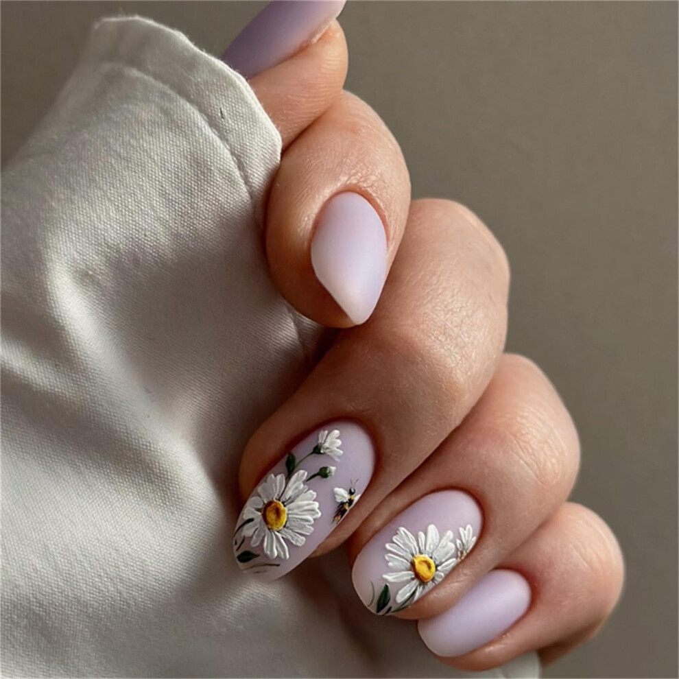 Oval Glossy Press On Nails with Glue White Flower Design Easy Application Set 24pcs