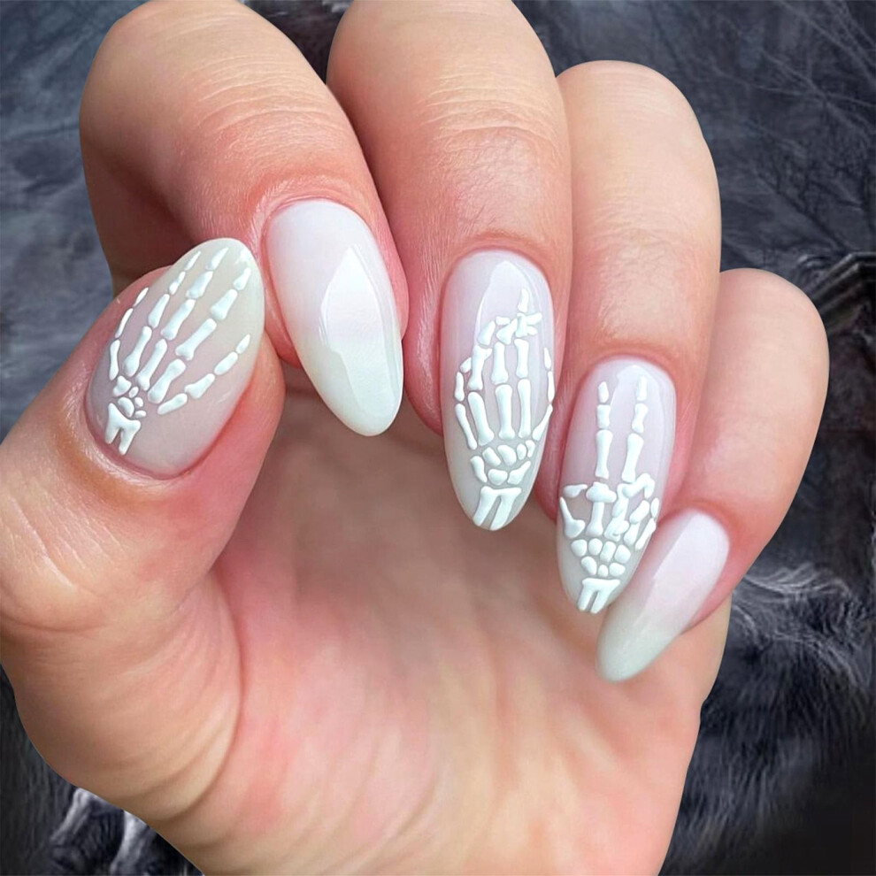 White Gothic Halloween Press On Nails With Bone Design, Medium Almond Shape Fake Nails, 24Pcs
