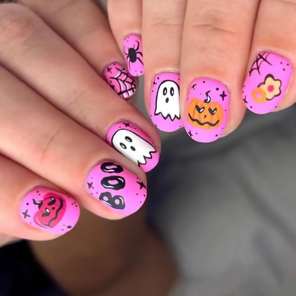 Halloween Press on Nails Short Square Matte Pink with Spider Web Pumpkin Ghost Designs 24PCS