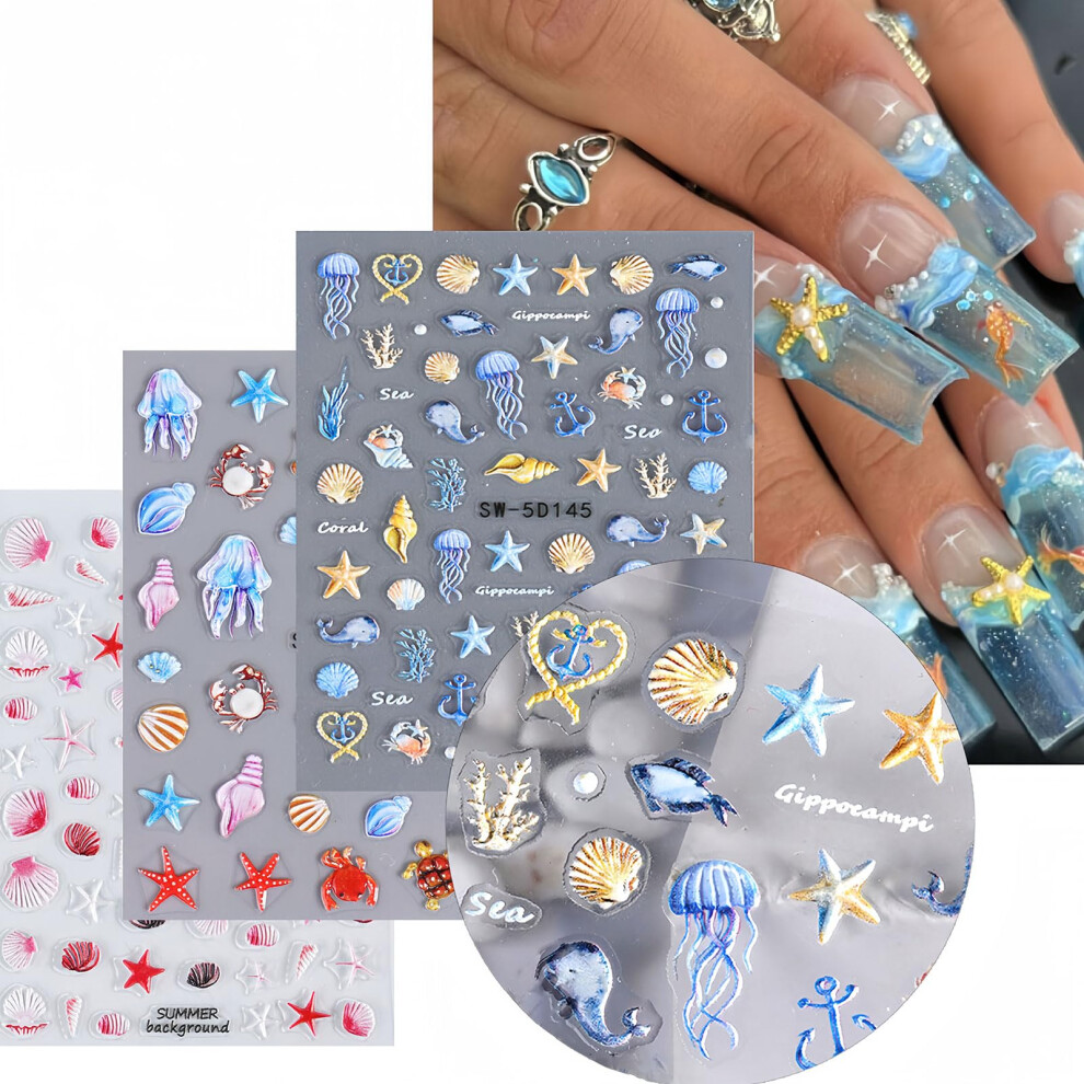 5D Nail Art Stickers with Ocean Starfish Jellyfish Design, Self Adhesive Summer Nail Decals