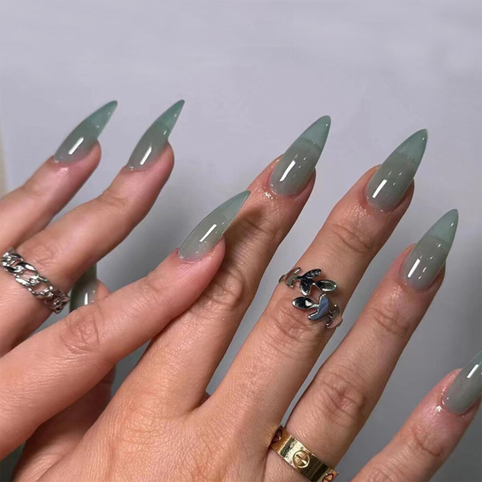 Green Press On Nails Medium Almond Glossy Fake Nails With Glue Acrylic Stiletto Nail Kit 24Pcs