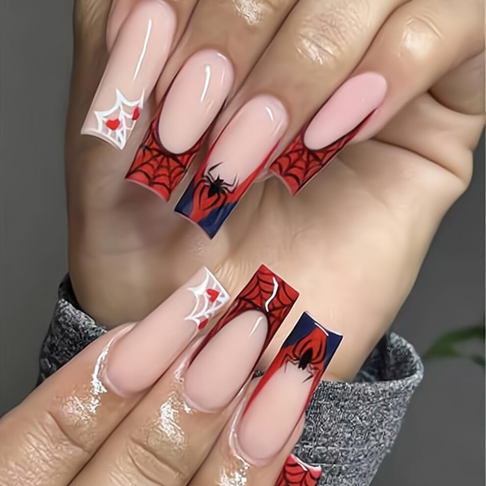 Halloween Press On Nails Long Coffin Pink and Red Tips with Spider Cobwebs Glossy Acrylic Full Cover 24PCS