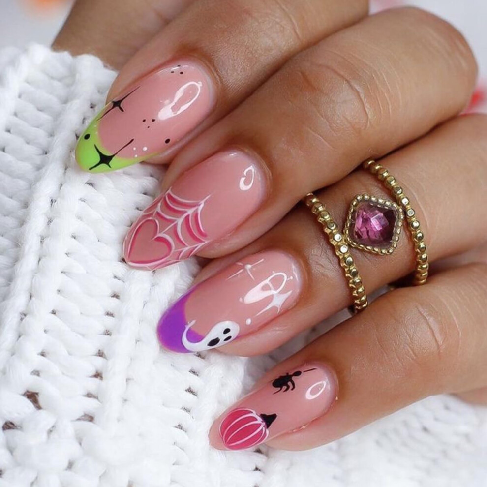 Cream 24 Pcs Halloween Nude Press On Nails Short Almond With Ghost Design, Glossy Acrylic Fake Toenails Set