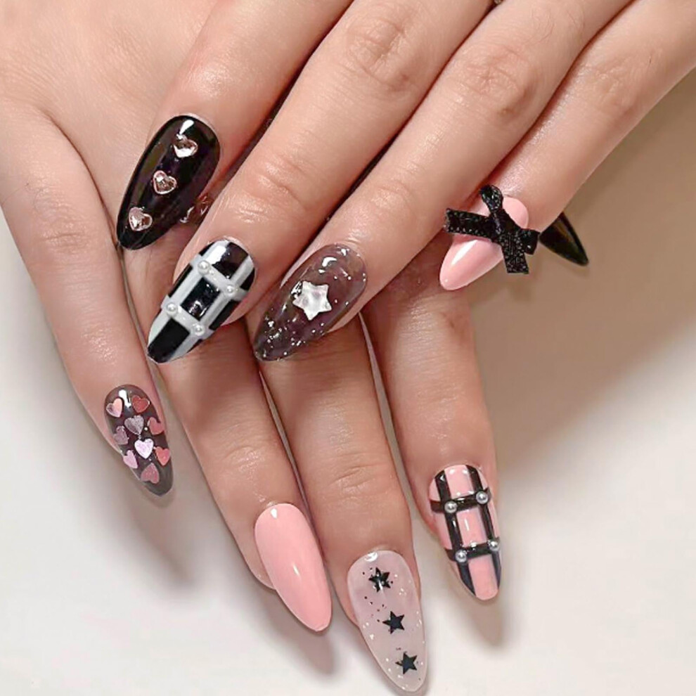 Pink,Black Medium Almond Press On Nails Black And Pink Fake Nails With Glue For Women 24Pcs Longlasting