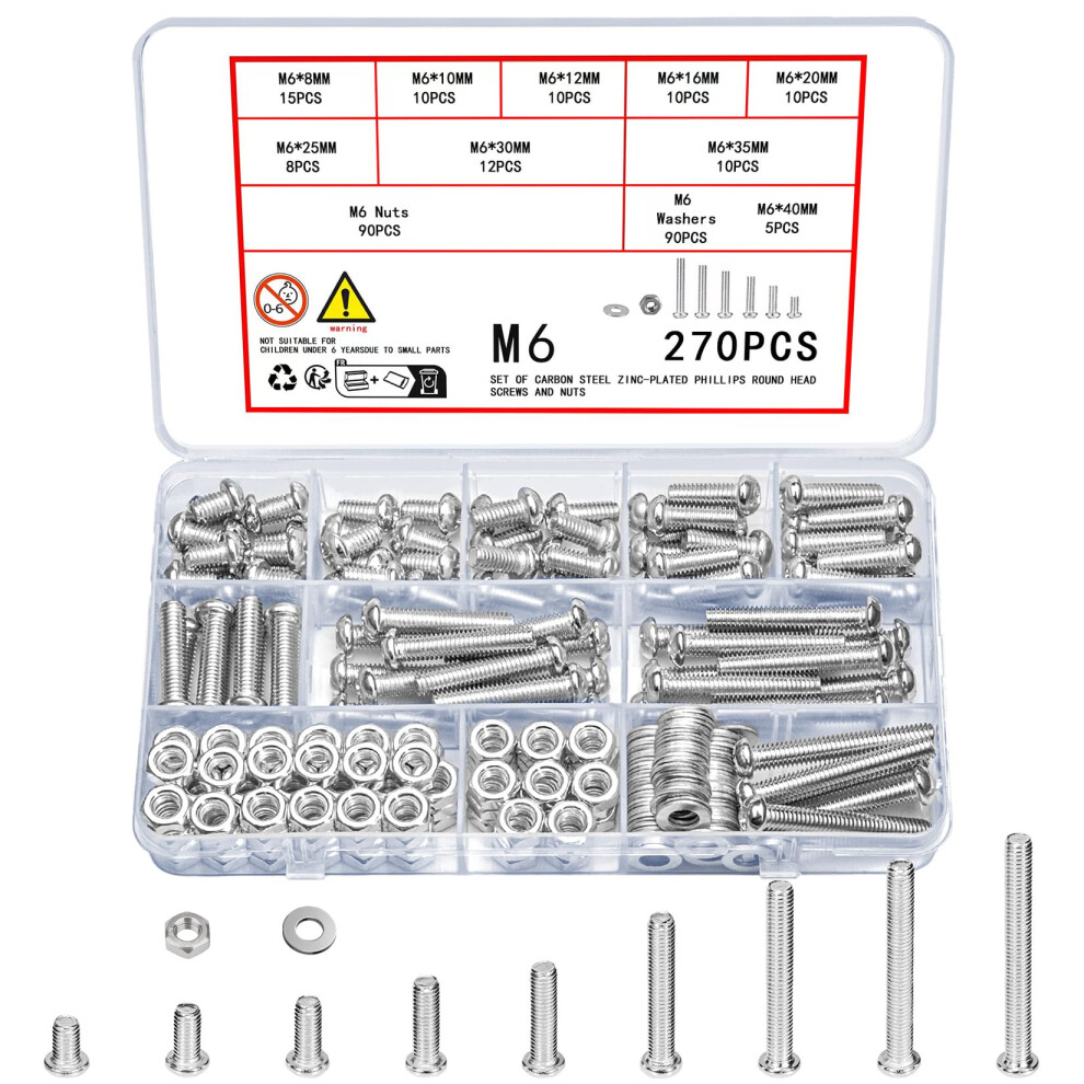 Vwoqiy 270 Pcs M6 Screws Set, Pan Head Machine Screws Bolts And Nuts And Washers Assortment Kit, Assorted Galvanized Round Head Cross Pan Head Sc 87244243