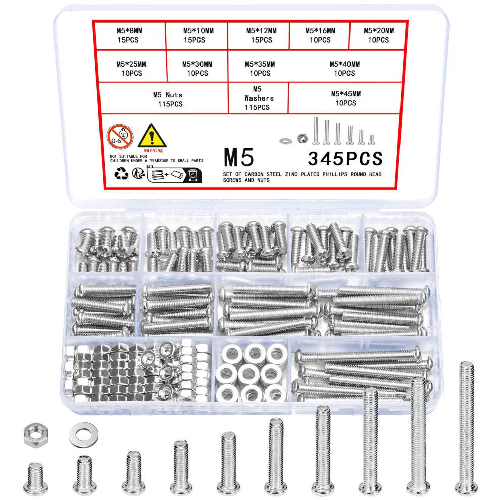 Vwoqiy 345 Pcs M5 Screws Set, Pan Head Machine Screws Bolts And Nuts And Washers Assortment Kit, Assorted Galvanized Round Head Cross Pan Head Sc 13560560