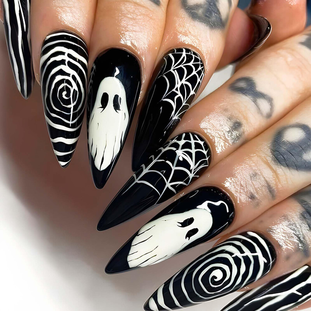 Press on Nails Cat Eye Coffin Reusable Acrylic False Nails with Spider Web Design 24Pcs