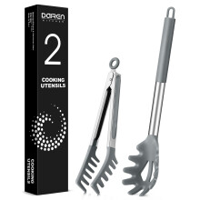 Spaghetti Spoon and Pasta Tong, Non-Stick Silicone Spoon Server Fork with Teeth and Stainless Steel Handle Spaghetti Tong, Food Clip for Spaghett