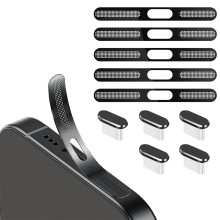 BelleVive 5 Piece USB-C Metal Dust Plug and 5 Piece Dustproof Mesh Stickers, Anti-Dust, Mobile Accessories for iPhone 16/16 Plus/16 Pro/16 Pro Ma
