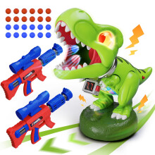 Dinosaur toys for 3-12 boys, Dinosaur Moveable Shooting Toys Games, 2 Pack Air Pump Guns with Scope, Balls, Roaring, Dino Eye & Belly Glow, Score