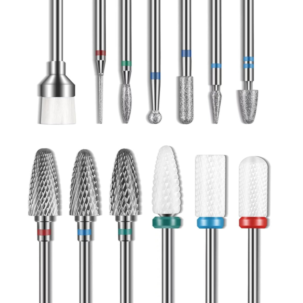 Depvko 13Pcs Nail Drill Bits Set, Professional Efile Drill Bits, 3Pcs Tungsten Carbide+ 3Pcs Ceramic + 6Pcs Cuticle Remove Bits+ 1Pcs Brush, 3/32
