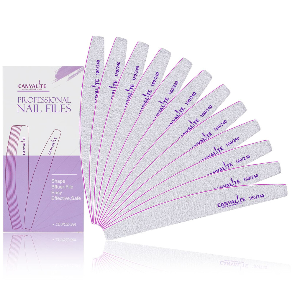 Canvalite Professional Nail Files Double Sided Emery Board Nail Styling Tools Pet Grooming Tools For Home And Salon Use (Half Moon 180/240, 12Pcs)