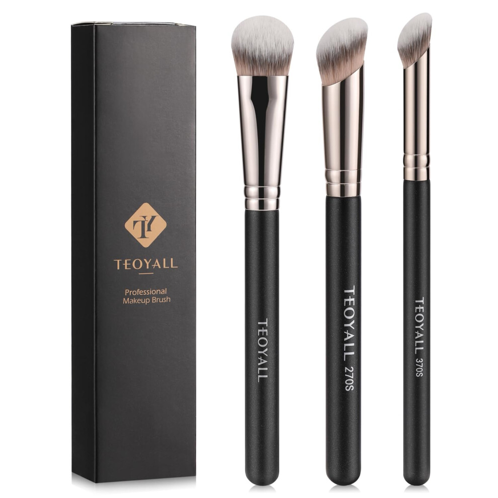 Teoyall Contour Conceal Brush Set, 3Pcs Angled Synthetic Under Eye Concealer Brush For Blending Setting Buffing With Liquid, Cream And Powder Cos