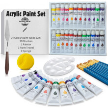 Maclock Ltd Acrylic Painting Kit with 24 Vibrant Colors & 10 Brushes – Gouache Paint Set with Palette, Sponge & Tools – Art Set, Paint Set Acryli