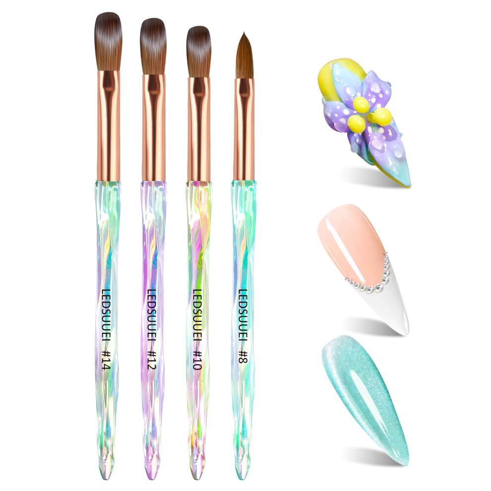 Ledsuuei 4Pcs Kolinsky Acrylic Nail Brush Set - Professional Nails Brushes For Acrylics Powder Application & Nail Art Extension And 3D Carving