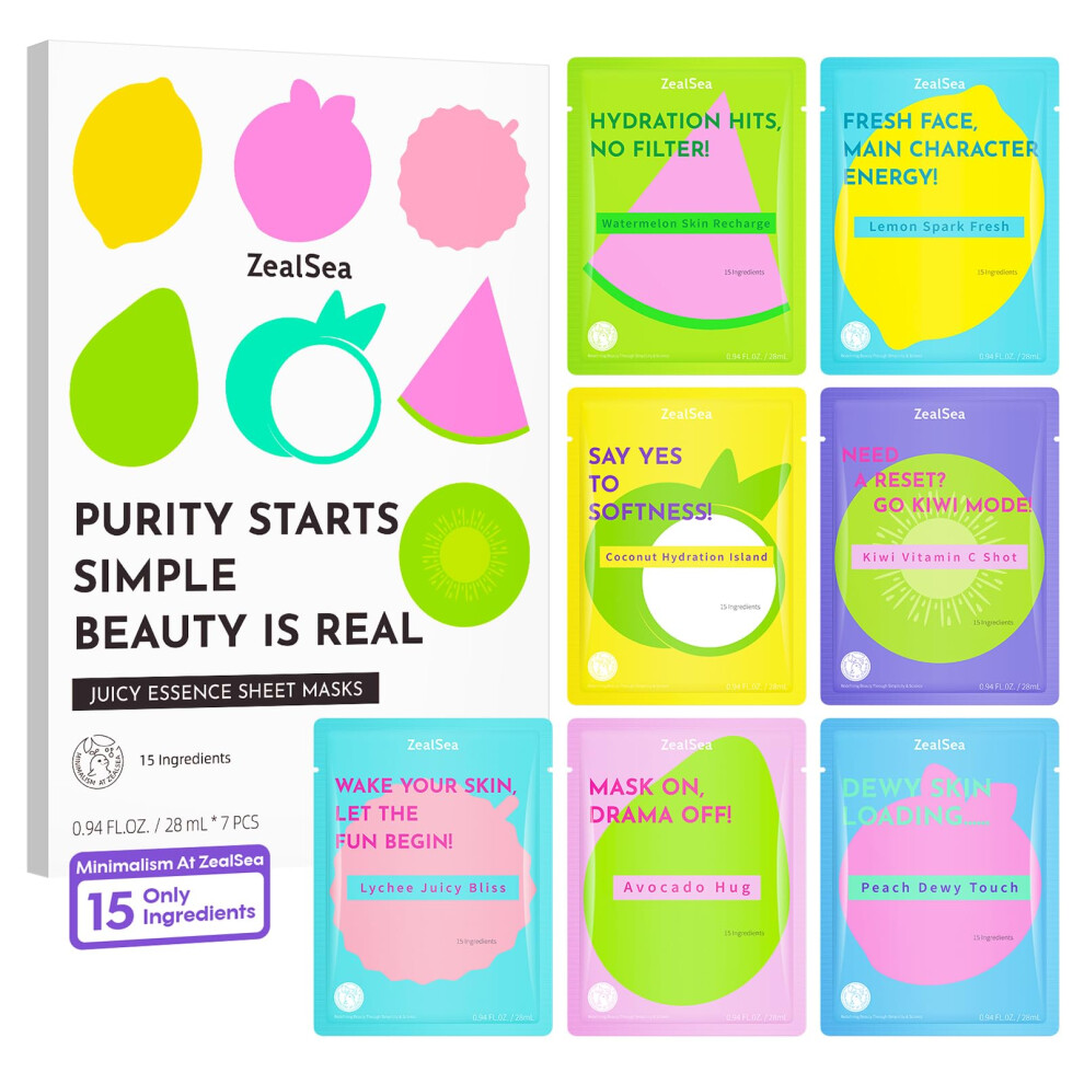 Zealsea Clean Beauty Face Masks Skincare, Minimalism 15 Ingredients Sheet Mask, Deep Hydration Facial Mask For Bouncy & Glowing, Sleepover Spa Pa
