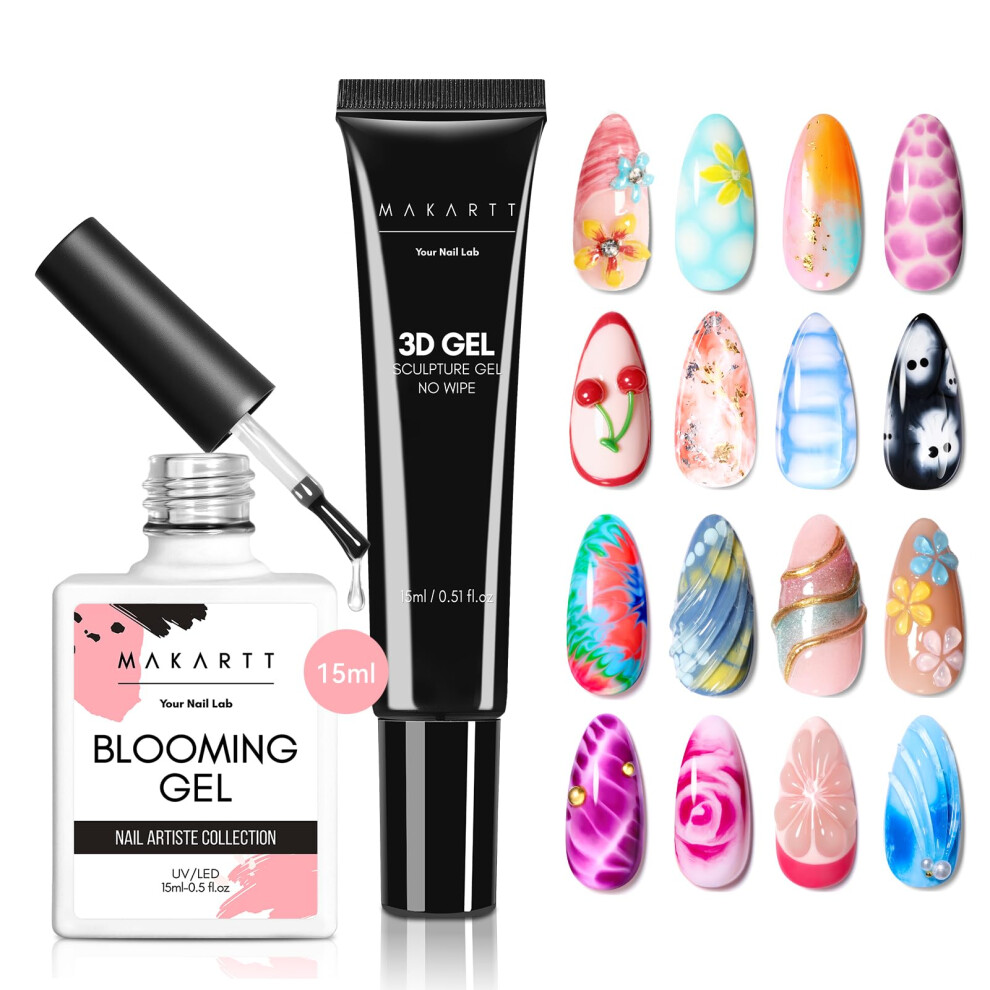 Makartt Blooming Gel & 3D Nail Gel Kit - Blossom Polish Nail Art Supplies For Watercolor Marble Spreading Effect For Long Lasting, 3D Drawing Mol