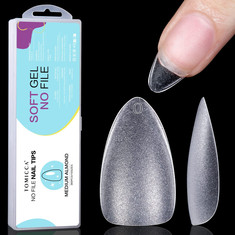 Tomicca 360Pcs Medium Almond Nail Tips - No-File Matte Soft Gel Full Cover | Soak Off Extensions, 15 Sizes Salon & Home Diy Kit
