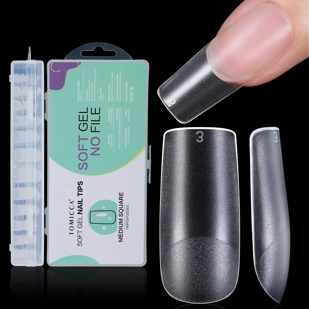 Tomicca 240Pcs Soft Gel Full Cover Nail Tips - Clear Matte No-File Acrylic Extensions | Pre-Buffed Traceless Fit For Salon & Home Diy, 12 Sizes M