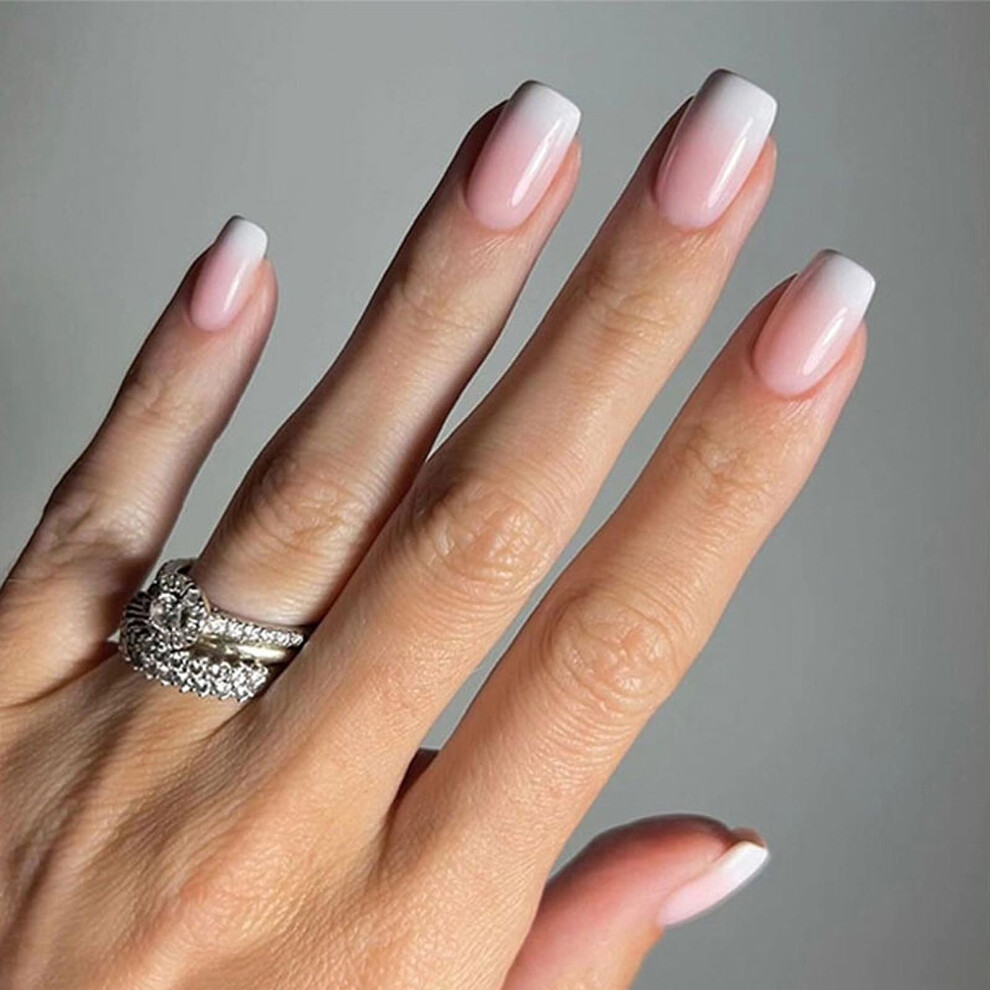 Nlfox Pink,White Gradient White Pink Press On Nails - 24Pcs Square False Nails - 12 Sizes Fake Nails With Glue - Funky French Tip False Nails - Full Cover Acrylic