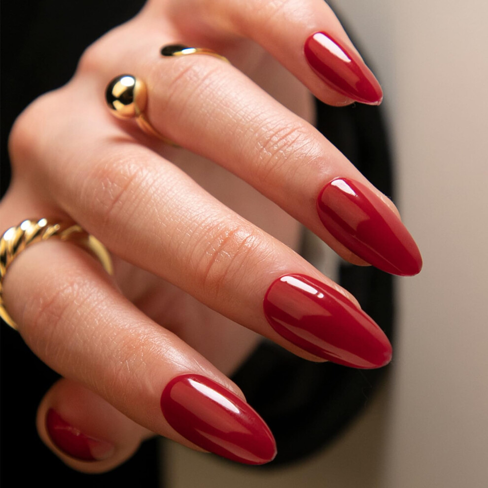 Nlfox Red False Nails - 24Pcs Almond Press On Nails - Medium Fake Nails With Glue - Oval French Tip False Nails - Burgundy Solid Color Stick On Nails