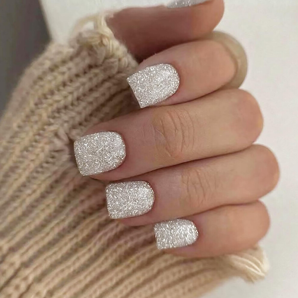 Glitter White Coffin Press on Nails 24pcs Reusable Glossy Acrylic Full Cover Instant Salon Look