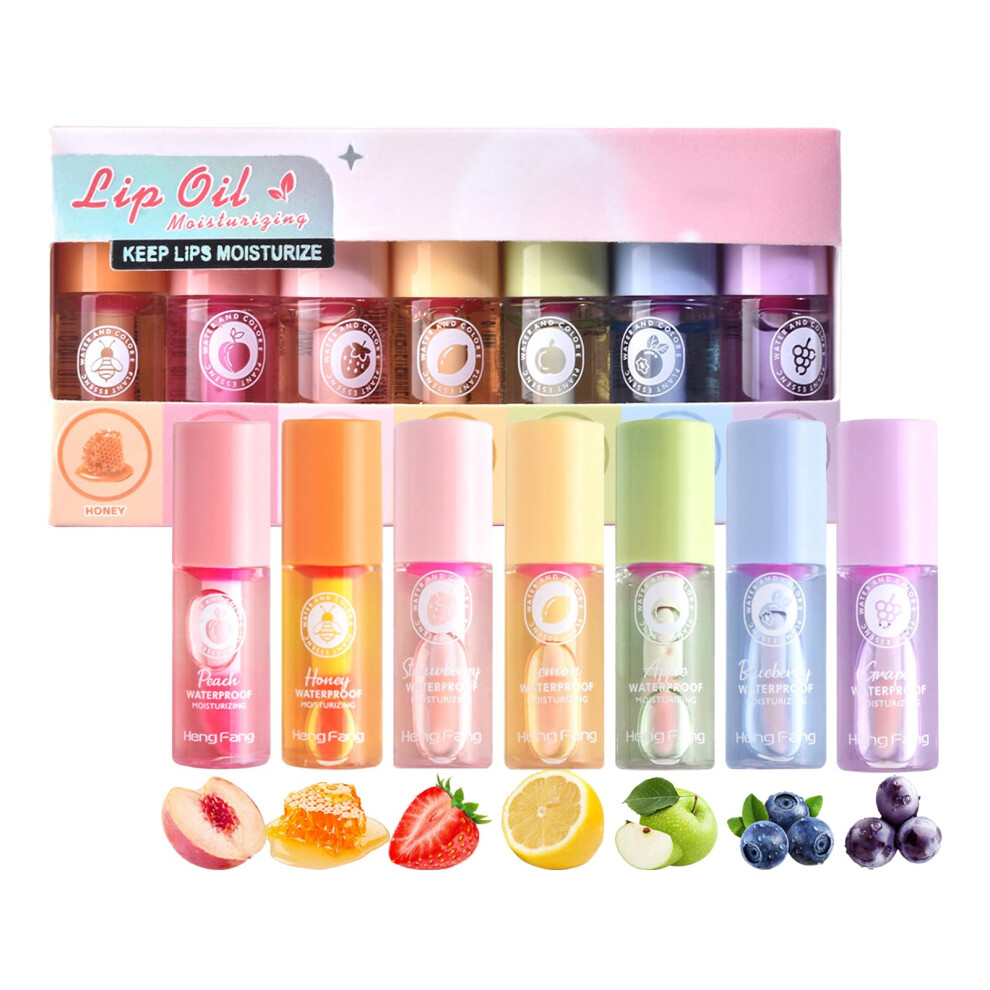 Meitrend Hydrating Lip Oil Set,7Pc Lip Oils Set Magic Colour Changing Long Lasting Lipgloss,Lip Balm Fruit-Flavored Lip Care Kit