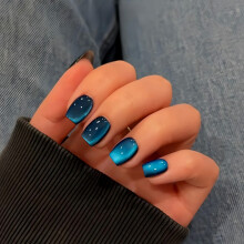 SXVME Cat Eye Soft Gel Press on Nails Short Coffin, 30 Pcs Pastel Blue Cat Eye False Nails Short Square, Sparkly Glitter Glass Nails Press on, Bl
