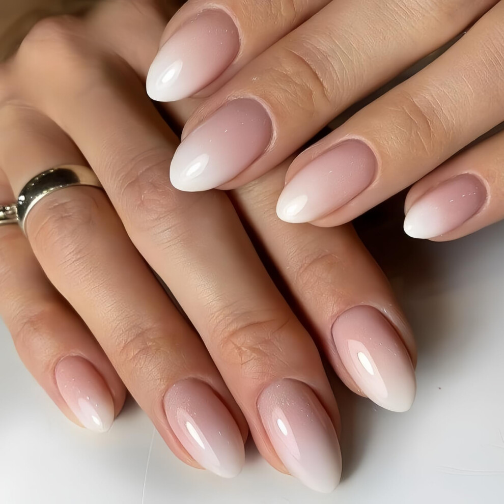 Eonfave French Tip False Nails - Gradient Pink Short Press On Nails Almond - Oval Elegant Fake Nails With Glue - Natural Acrylic Full Cover Stick On Nail