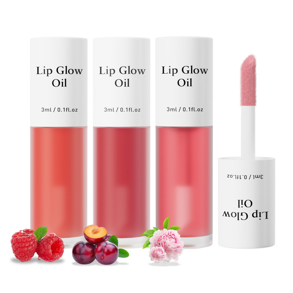 Hqda Red 3Pcs Fruit Glow Oil Set, Hydrating Glossy Tint For Smooth Shiny Lips, Nourishing Moisture Oil For Daily Beauty Care (Raspberry, Cherry & Peony)