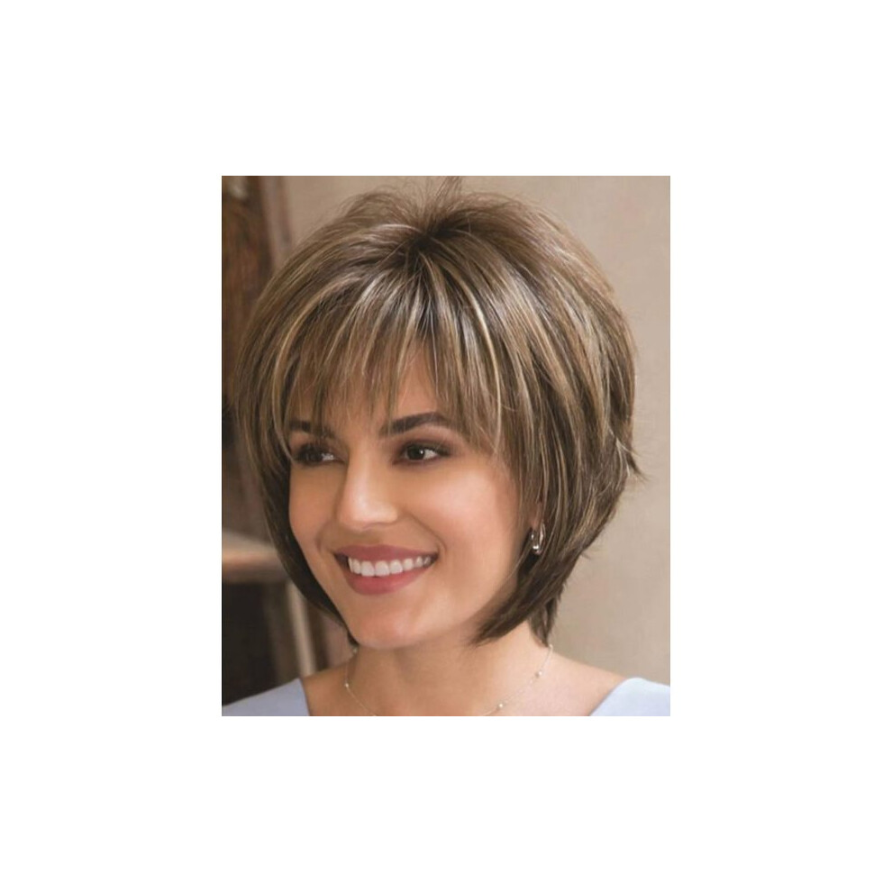 Unisex Brown Short Hair Wig With Bangs Dark Mixed Blonde Pixie Cut Wig