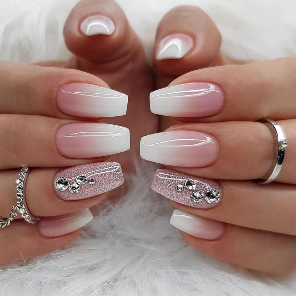 Pink,White Medium Coffin Press On Nails Pink White Gradient Fake Nails With Rhinestone Bling 24Pcs Reusable